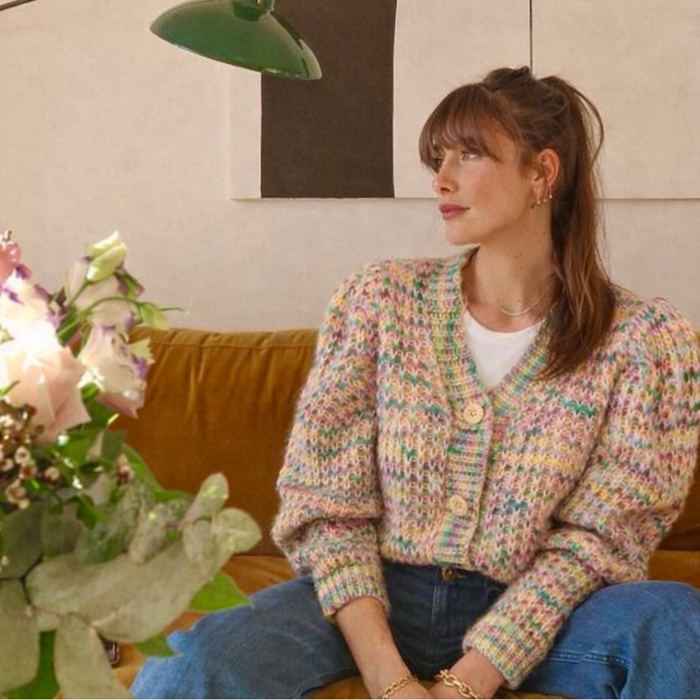 Moon River Multicolor Knit Puff Sleeve Cardigan